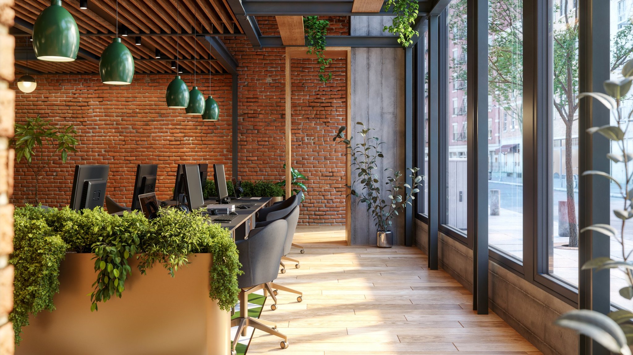Sustainable green coworking office with plants and natural light